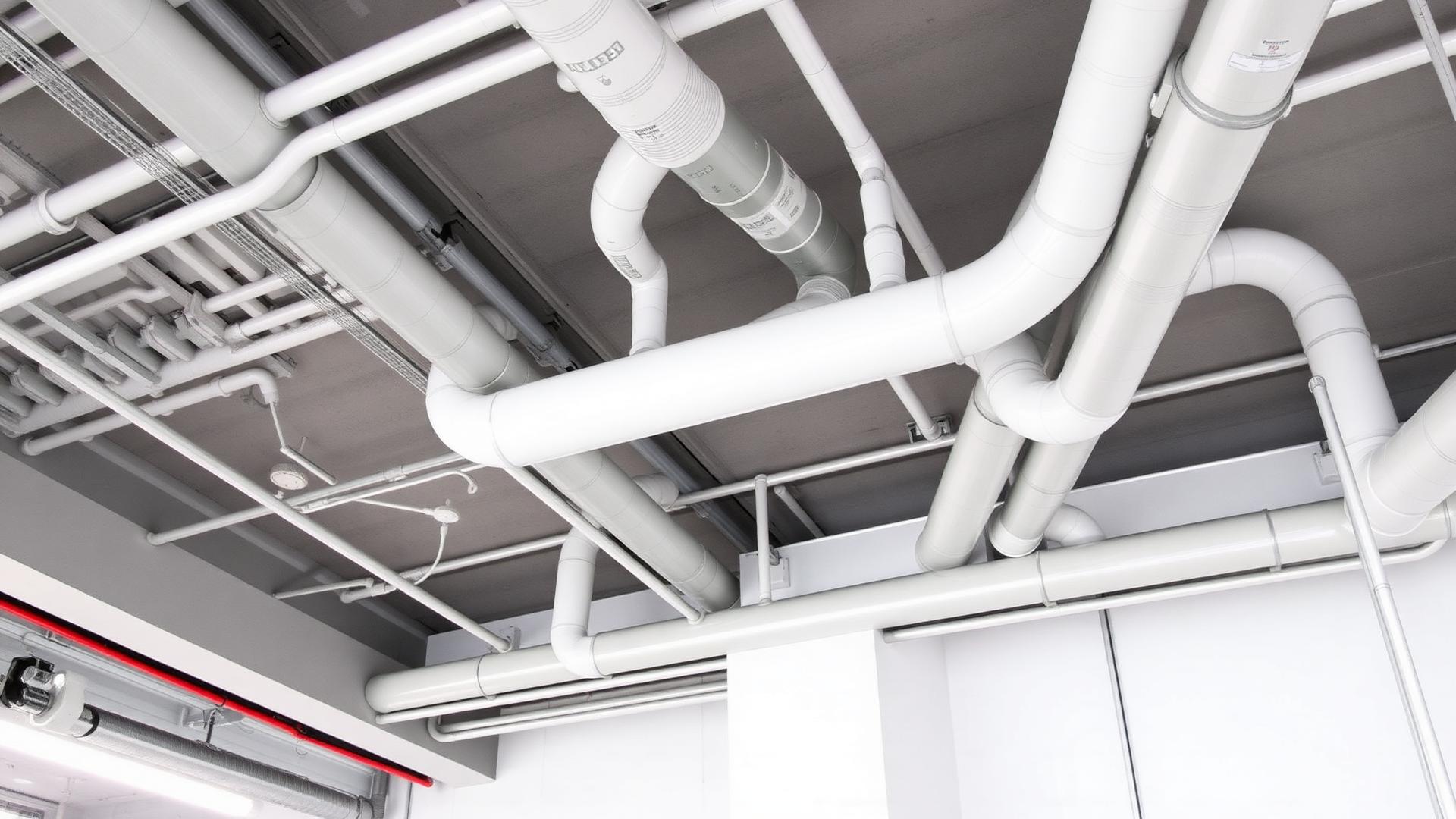 MEP building systems installation showing pipes and conduits in a commercial building