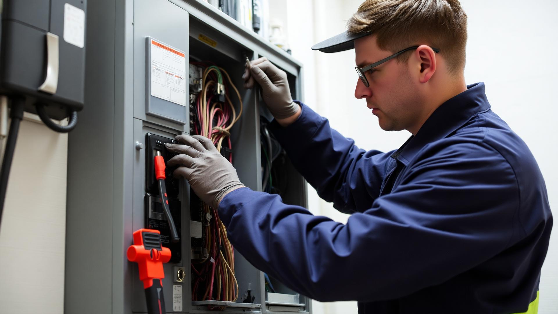 MAGMA technician diagnosing and repairing an electrical panel fault during corrective maintenance in a commercial building in Lebanon