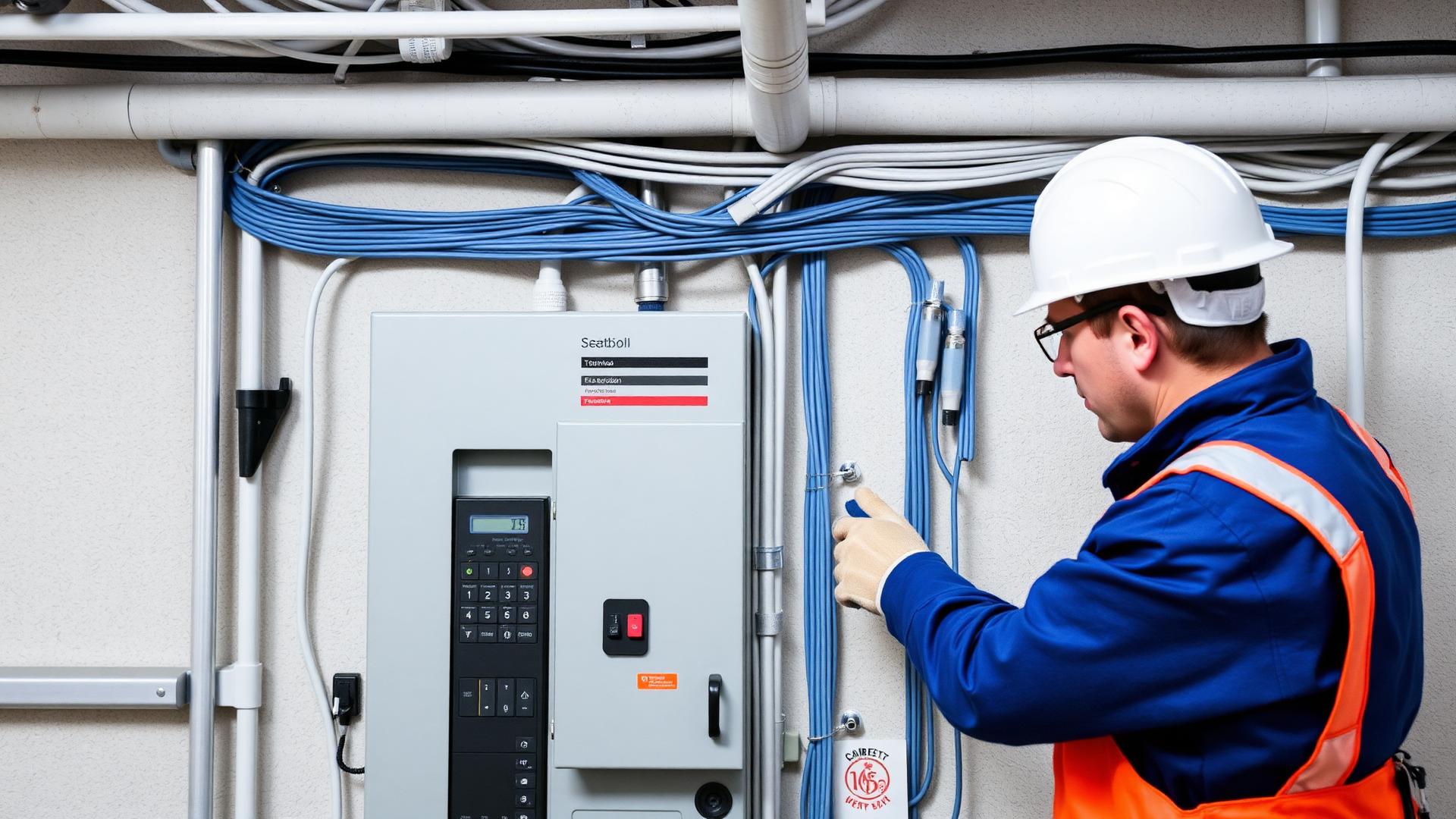 Electrician working on power distribution panel in a commercial building in Lebanon
