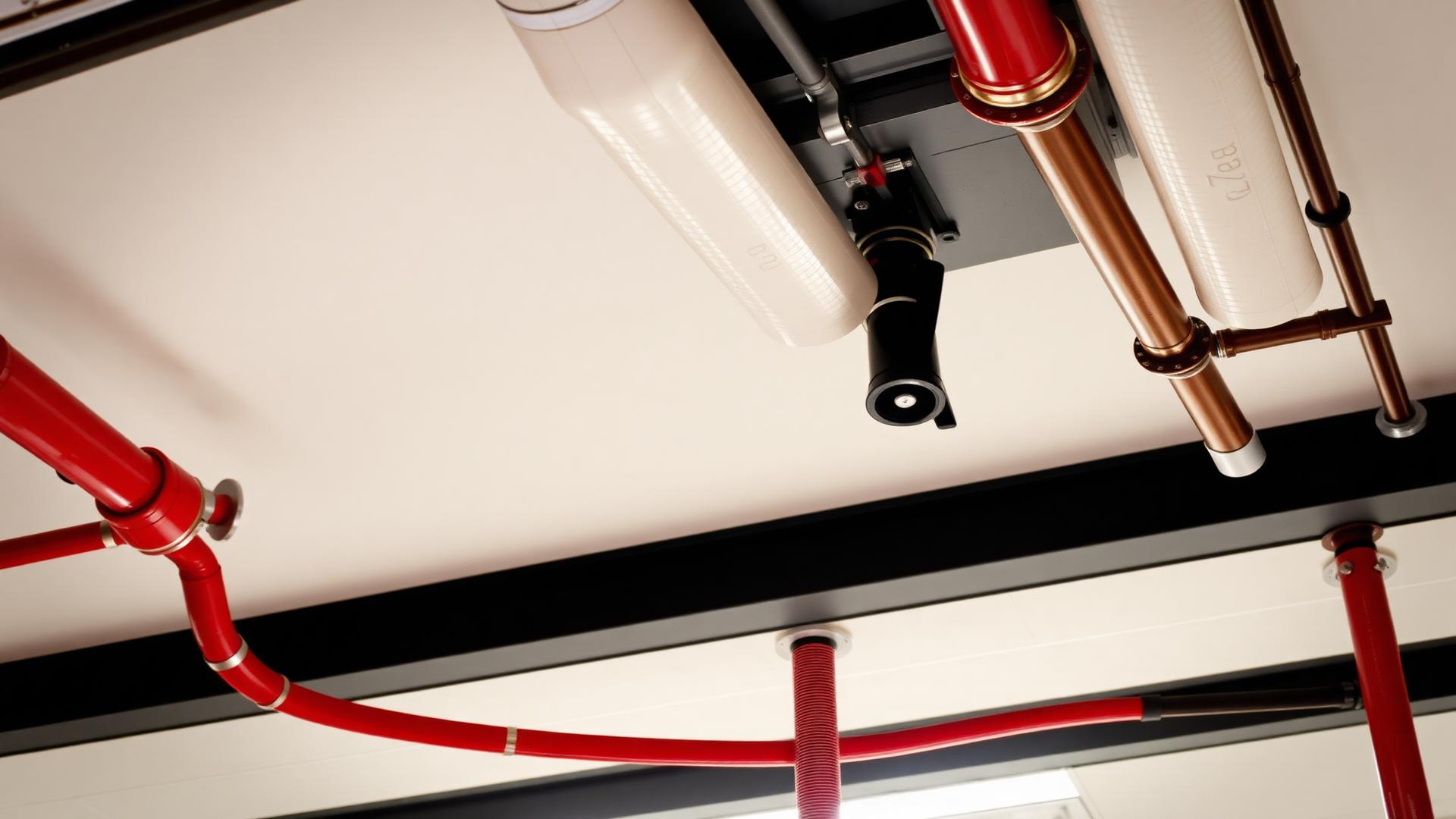 Fire suppression sprinkler system with red piping installed in a commercial building ceiling