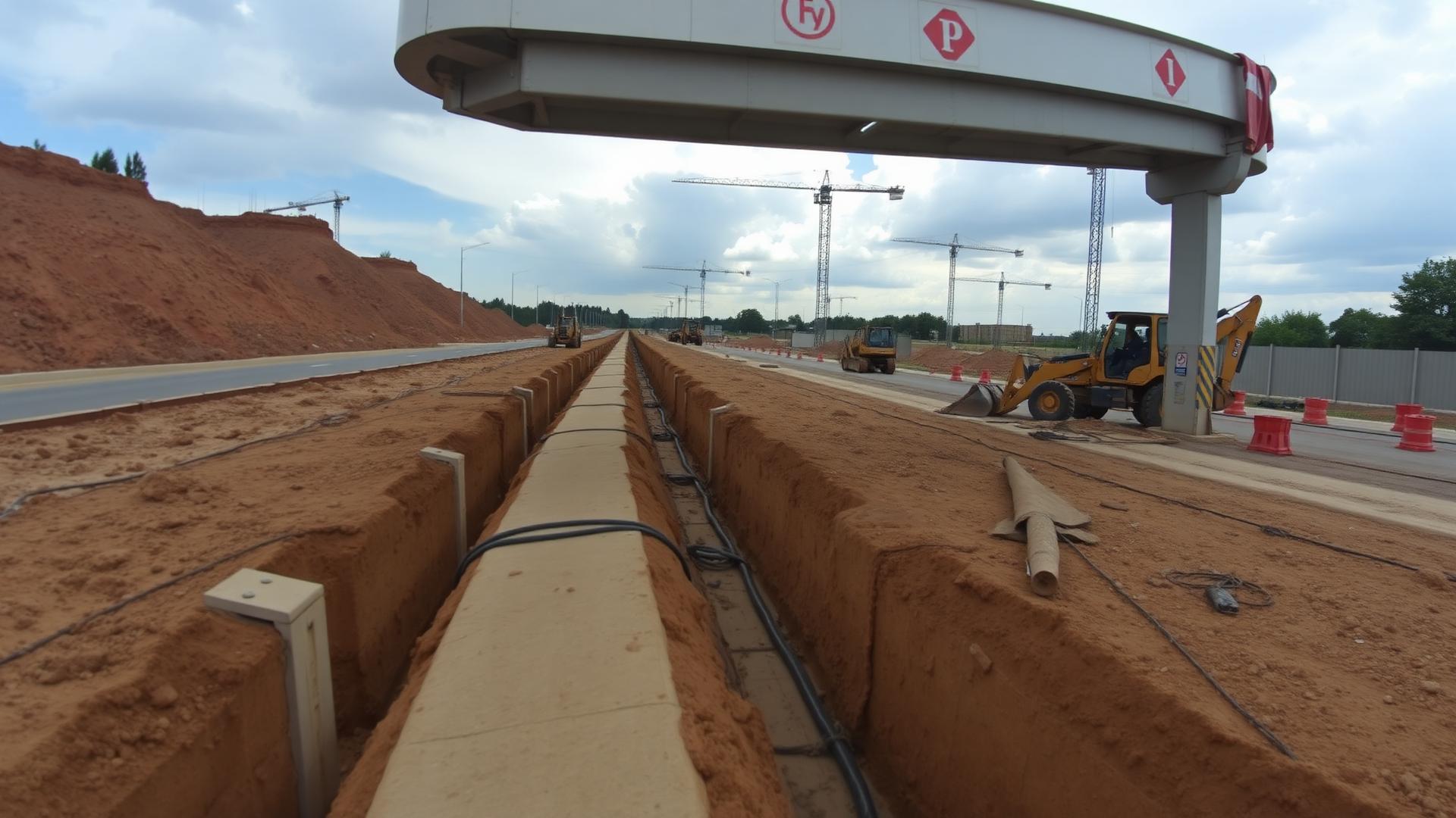 Infrastructure construction site with road works, drainage, and utility installation