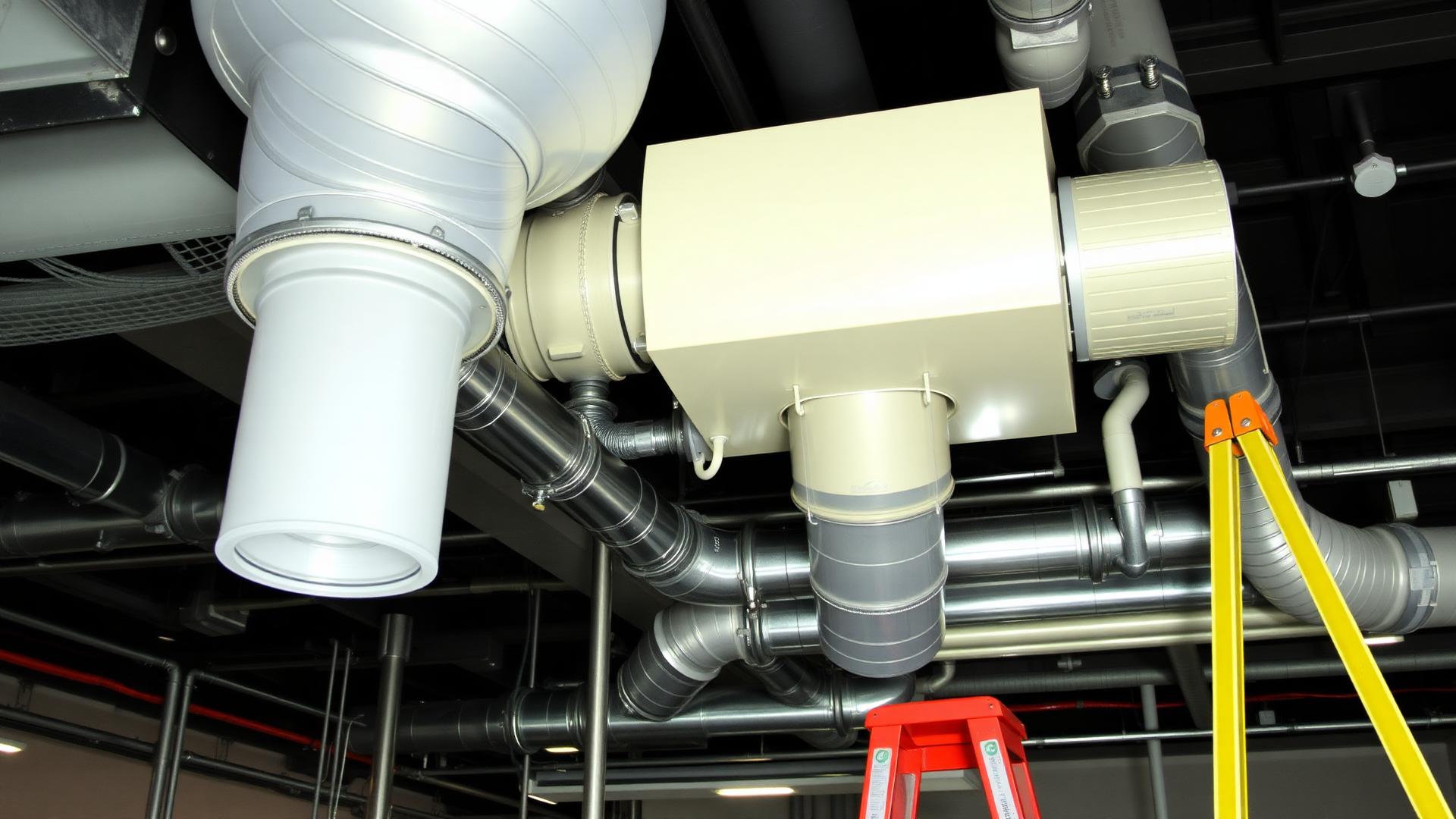 Mechanical works installation with ductwork and piping in a commercial building