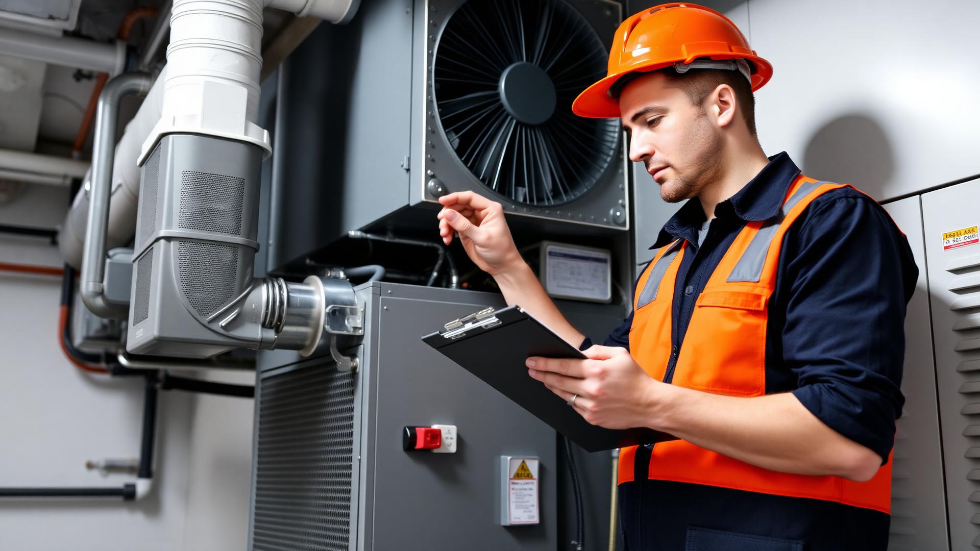 MAGMA engineer performing preventive maintenance inspection on HVAC system with clipboard in a commercial building in Lebanon