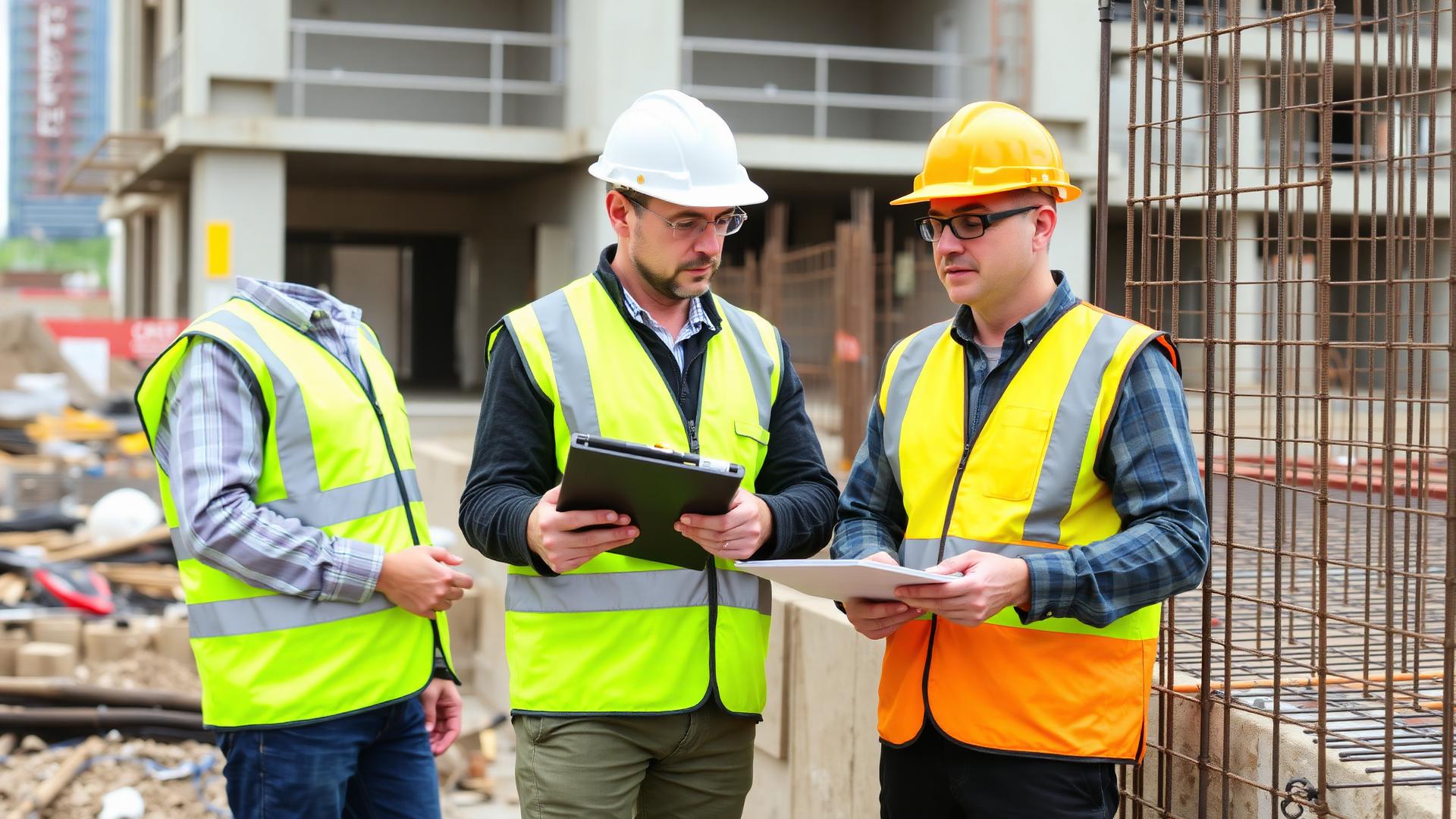 MAGMA site supervisor inspecting construction work with clipboard on an active building site in Lebanon