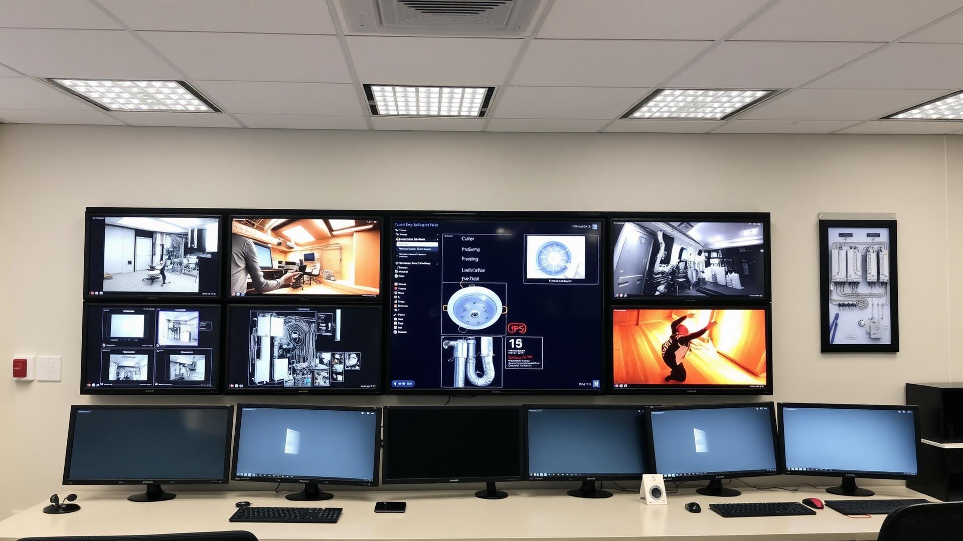 Building management system control room showing integrated HVAC, electrical, fire, and security systems in Lebanon